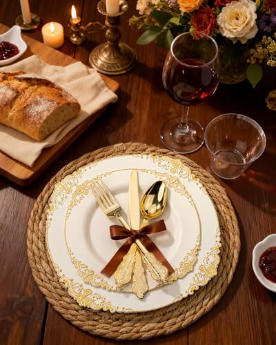 Nervure 350PCS Ivory Plastic Plates - Ivory Gold Plastic Dinnerware Sets for 50 Guests - 100 Gold Disposable Plates, 50 Pre Rolled Silverware Sets, 50 Cups Perfect for Wedding & Party & Mothers Day - color: Ivory and Gold