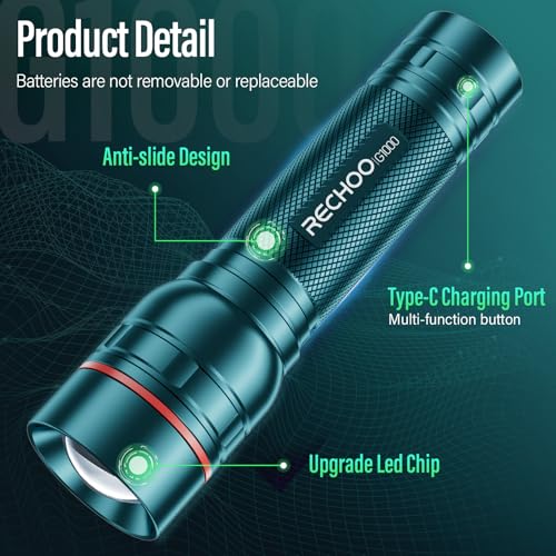 RECHOO Rechargeable Flashlight 1 Pack, Bright Military Grade Torch Light High Lumens with Adjustable Focus & 3 Lighting Modes, Lightweight Waterproof Led Flashlight for Camping Home, Teal Blue - color: Teal Blue, size: 1 Pack