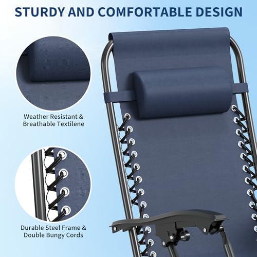 Garvee Zero Gravity Chair Set of 2, Patio Lounge Chair Outdoor with Pillow & Cup Holder Tray, Adjustable Reclining Chair, Folding Portable Camping Chair for Deck, Beach, Yard, Garden - Navy Blue - color: Navy Blue
