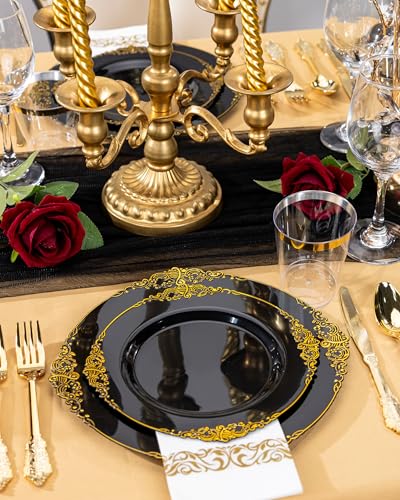 Nervure 350PCS Black Plastic Plates - Black Plastic Dinnerware Sets for 50 Guests - 100 Disposable Plates, 150 Gold Silverware, 50 Cups, 50 Napkins for Wedding & Party & Graduation & Retirement - color: Black