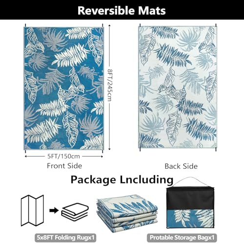 famibay Outdoor Rug Waterproof 5x8 Plastic Straw Rug Reversible Patio Rug Outside Camping Rug Patio Mat Lightweight Foldable Outdoor Carpet for Patio Balcony Deck Camping - color: Blue, size: 5' x 8'