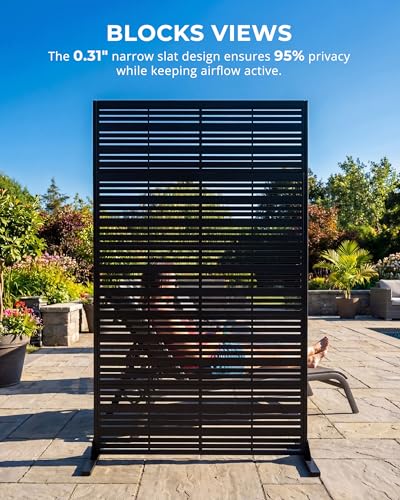 Outdoor Privacy Screen 72" H x 47" W | 37lb Heavy-Duty Metal Fence Panel, Matte Black | Freestanding with Expansion Anchors for Patio, Balcony, Pool, Deck — Modern Slatted Design - color: Matte Black