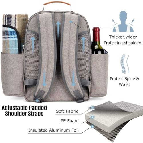 Picnic Backpack for 4 with Plates and Cutlery, Insulated Cooler Bag with Blanket & Wine Holder, All-in-One Outdoor Dining Set for Camping, Beach, Tailgating - 25L (Grey) - color: Gray