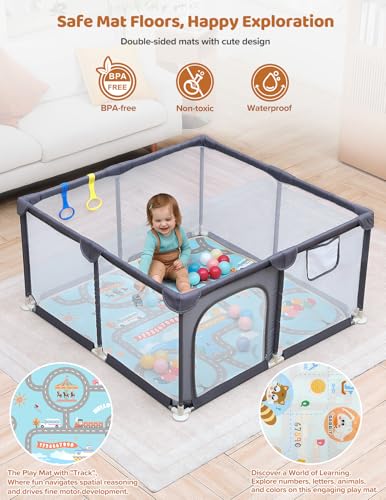 Dripex Baby Playpen with Mat, 47"x47" Play Pen for Toddlers 1-3 Years, Soft Breathable Visible Mesh, Indoor/Outdoor Portable Play Yard with Mat, Safe Baby Fence Play Area, Grey - color: Grey, size: 47"×47" with Mat