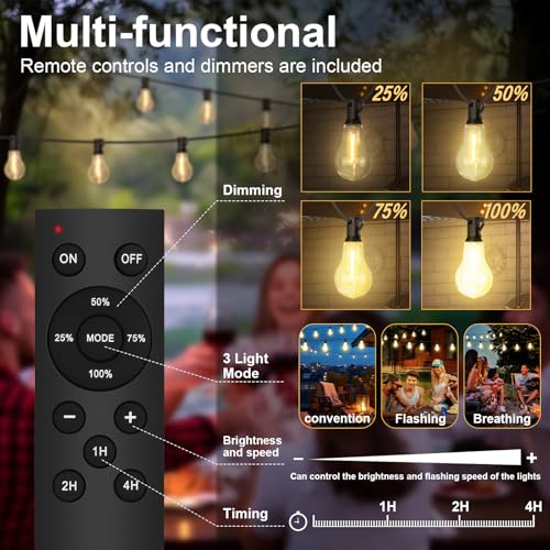 100FT Outdoor String Lights Waterproof with 64+4 Bulbs (1.5FT Bulbs Spacing), Remote & Dimmer, Commercial Patio String Lights with 3 Mode Light & Timing, 100PC Mounting Ties for Outside - size: 100ft With Remote