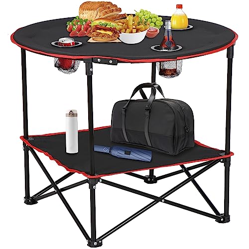 SUPER DEAL Portable Folding Picnic Camping Table with Storage Bag and 4 Cupholders, 2-Tiers Round Outdoor Camping Beach Table, Black