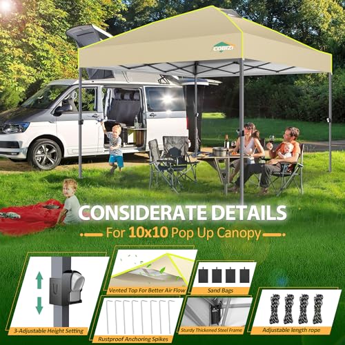 COBIZI Canopy 10x10 Pop Up Canopy Tent 1-Button Push Easy up Outdoor Canopy Instant Portable Commercial Shelter Waterproof UPF50+ Gazebo with Reflective Strip, Air Vent & 4 Sandbags,Khaki - color: Khaki(1-year warranty), size: 10x10ft With No Sidewalls