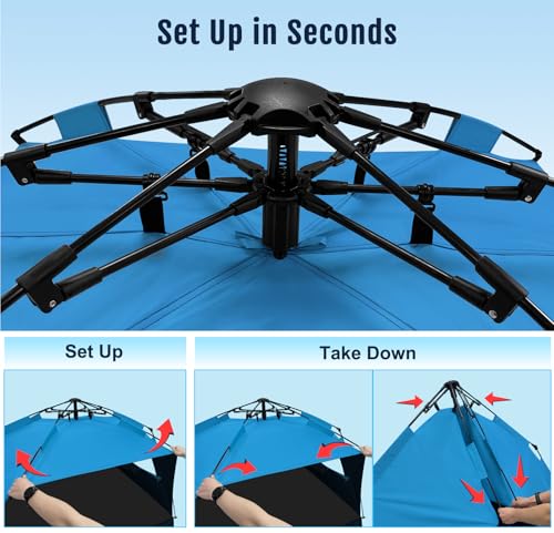 WhiteFang Deluxe Pop Up Beach Tent Sun Shade Shelter for 3-4/5-6 Person, UV Protection, Extendable Floor with 3 Ventilating Windows Plus Carrying Bag, Stakes, and Guy Lines - color: Blackout Shelter-Solid Blue, size: X-Large
