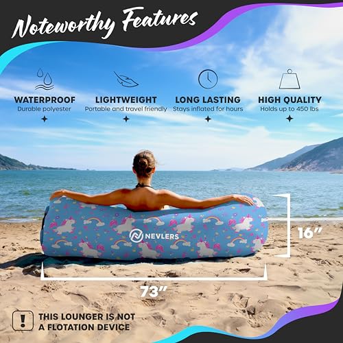 Nevlers Inflatable Lounger – Unicorn | 210T Polyester No-Pump Blow Up Couch Air Lounger | Portable Inflatable Couch for Camping, Beach, Festivals & More | 450 Lbs. Cap Air Chair w/Pockets & Carry Bag - color: Unicorn, size: 1 Pack