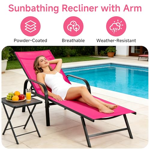 DUMOS Outdoor Lounge Chaise, 5-Position Chaise Lounge with Armrests, Sun Tanning Chair 350 lbs Heavy Duty Patio Pool Chair, Waterproof Sun Lounger for Deck, Backyard, Beach & Poolside, Pink - color: Light Pink