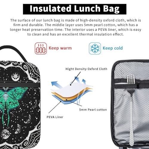 Moth Moon Phase Witchy Psychedelic Eyes Moon Stars Insulated Lunch Bag Portable Reusable Zipper Lunch Box For Men Women Work Picnic Travel Camping - color: Black12