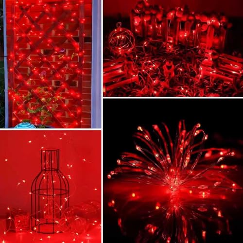 YEGUO 4 Pack Red Solar Fairy Lights, Each 33ft 100 LED Valentines Lights Outdoor Waterproof, 8 Modes Sliver Wire Solar Christmas String Lights - color: Red