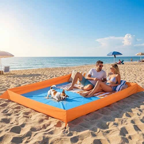 Qunclay Oversize Large Sandproof Beach Blanket 7.2 x 4.6 ft Outdoor Playpen Mat with 3.5" Tall Walls Waterproof Sand Free Picnic Sheet with Stakes & Storage Bag for Family, Beach Camping Essentials
