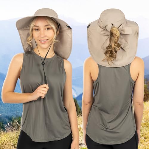 SUN CUBE Wide Brim Sun Hat with Neck Flap, UPF50+ Hiking Safari Fishing Hat for Men Women, Sun Protection Beach Hat - color: Tan With Bow