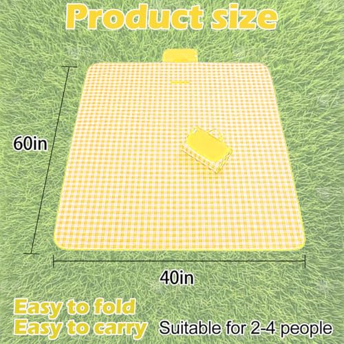 Large Picnic Outdoor Blanket, 40''x60'' Waterproof Sand Beach Mat, Foldable Blankets Gingham Picnic Mat for Beach Camping Grass Lawn Park Hiking Travel Accessories Family Concerts (Yellow White) - color: Yellow, size: 40''x60''