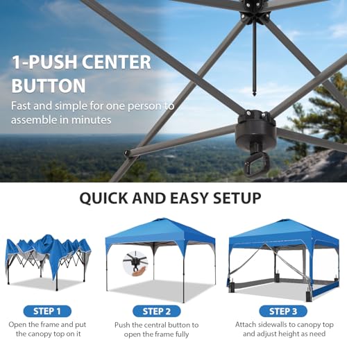 8x8 FT 1-Button Push Pop Up Canopy with 4 Clear PVC Sidewalls, Sandbags, Instant Canopy Tent for Outdoor Events - color: Blue, size: 8x8 with PVC Sidewalls