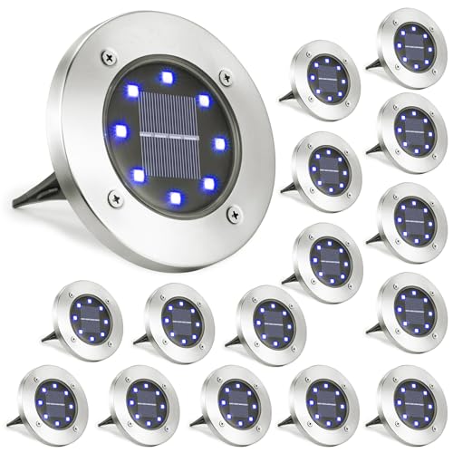 LYHOPE Solar Ground Lights Outdoor, 16 Pack 8 LED Solar Disk Lights Waterproof Garden In-ground Pathway Lights Landscape Lighting for Lawn,Yard,Deck,Patio,Walkway (Blue) - color: Blue, size: 16 Pack