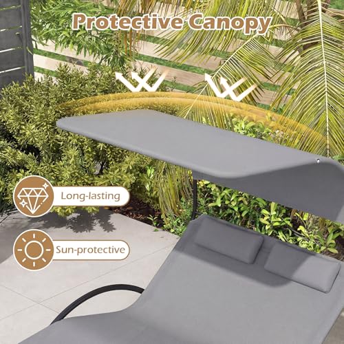HAPPYGRILL Outdoor Chaise Lounge Rocker, 2-Person Rocking Daybed Sun Lounger with Sun Shade Canopy & Headrest Pillows, Hammock Bed Loveseat with Heavy-Duty Metal Frame for Patio, Backyard, Poolside