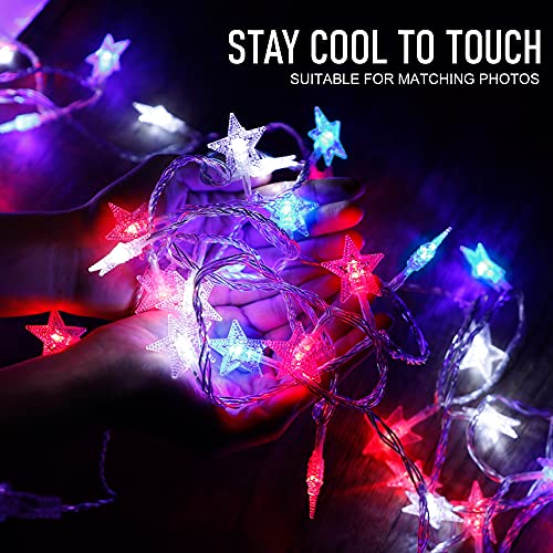Twinkle Star 4th of July Decoration Lights, 100 LED 49FT Red White Blue Star String Lights, Plug in Fairy String Lights Waterproof, Extendable for Indoor, Outdoor, Independence Day Decor - color: *Red & Blue & White, size: Star lights - 49 ft