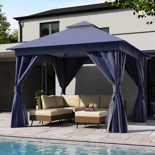 LAUSAINT HOME 10'x10' Outdoor Gazebo, Metal Frame Heavy Duty Patio Canopy Tent Shelter with Double Roofs, Mosquito Nettings and Privacy Screens for Backyard, Garden, Lawn, Navy Blue - color: Navy Blue, size: 10'x10'