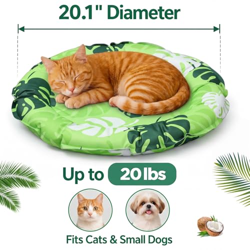 Drydiet Pet Cooling Mat for Cats and Small Dogs, 20.1'' x 20.1'' Thickened Round Blue Pad Anti-Grab Internal Gel Without Water Filling, Lightweight, Washable, Playmat for Indoor/Outdoor - color: Green Plant, size: 20.1'' X 20.1''