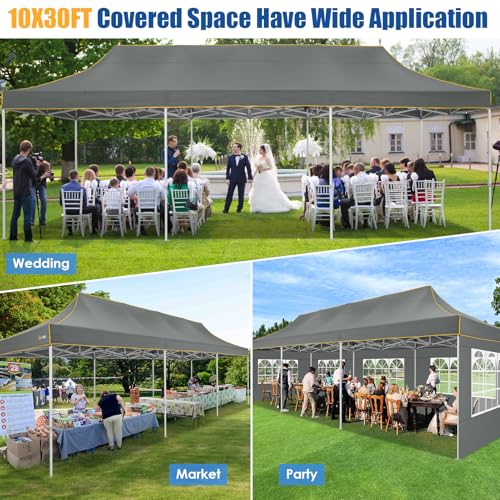 HOTEEL 10x30 Heavy Duty Pop up Canopy Tent with 8 Sidewalls, Easy Setup Outdoor Commercial Instant Tent for Parties Wedding Event, with Roller Bag & Sand Bags, Gray(Hexagonal Frame) - color: Dark Gray, size: 10x30ft (+8 Walls)