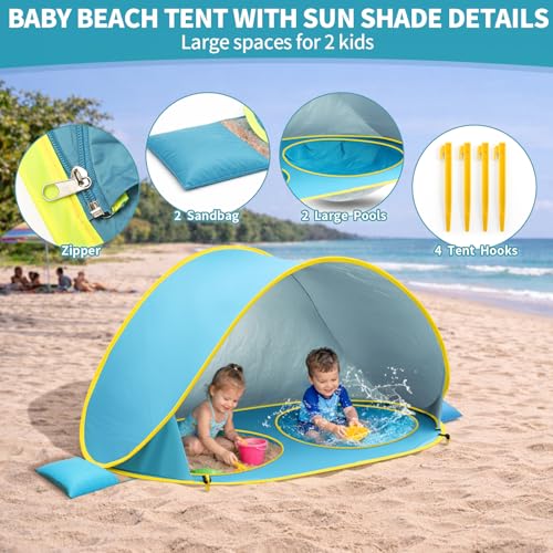 2-IN-1 Baby Beach Tent with 2 Pool for 2 kids,74.8*41.7*35.4 inch UV Protection Sun Shelter Pop Up Play Canopy, Easy setup portable tent for Beach,Camping,Picnic,Poolside,Indoor