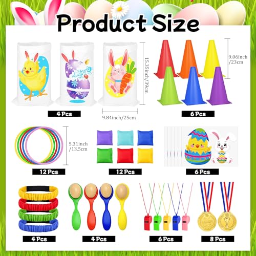 Cinrobiye 62 Pcs Easter Outdoor Games Set, Lawn Field Day Party Games with Potato Sack Race, Egg and Spoon, Three Legged Race, Ring Toss, Bean Bags for Easter Spring Carnival Yard Activities