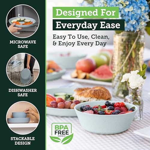 Grow Forward Premium Wheat Straw Plates and Bowls Sets - 8-Piece Wheat Straw Dinnerware Sets - Unbreakable & Reusable Microwave Safe Plastic Dinner Plates for Outdoors, RV, Camping Dishes - Glacier - color: Glacier Blue