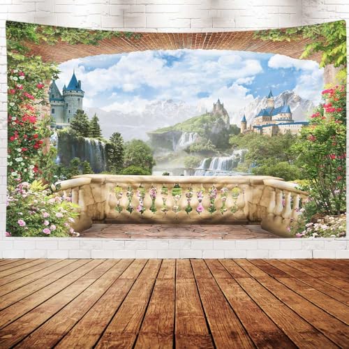 EMMTEEY Waterfall Tapestry - Colorful View from Balcony of Waterfalls With Castles - Dorm Wall Art 80X60 - Present for Families - color: Balcony Scenic, size: 80"L x 60"W