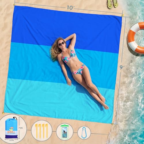 BYDOLL Beach Blanket 10'X9' Waterproof Sandproof Suits1-8 Adults Oversized Lightweight Large Blanket Picnic Mat for Beach Sand Free Travel Camping Hiking Picnic - color: Blue3, size: 10'X9'