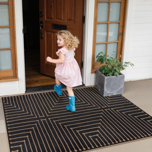 Lahome Neutral Geometric 3x5 Easy Jute Rug, Washable Rugs for Bedroom Entryway Outdoor Patio Porch Carpet, Farmhouse Rhombus Non Slip Non Shedding Black Carpet for Kitchen Entrance Balcony - color: Black/Nature, size: 3x5