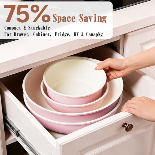 Umite Chef Pots and Pans Set Non Stick, 21 pcs Nonstick Ceramic Cookware Set, RV Kitchen Cooking Set with Detachable Handles, Oven Safe, Induction Cookware, Stackable, Pink, PFAS PFOA & PTFE Free - color: Pink