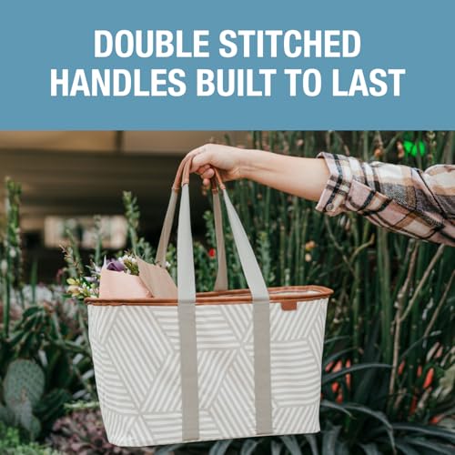 CleverMade Collapsible LUXE Tote, 30L Foldable Grocery Shopping Bag, Reusable - color: Geometric Taupe