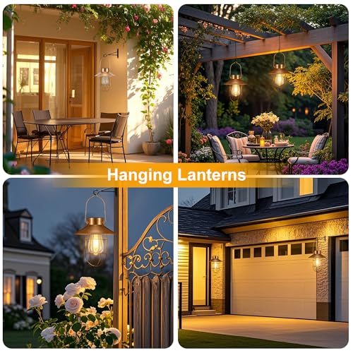 pearlstar 2 Pack Solar Lights Outdoor, Hanging Solar Lanterns with Edison Bulb and 2 x 32 Inch Shepherd Hooks, Waterproof Landscape Lighting for Garden Patio Yard Pathway Driveway Lawn (Copper) - style: Copper Lanterns