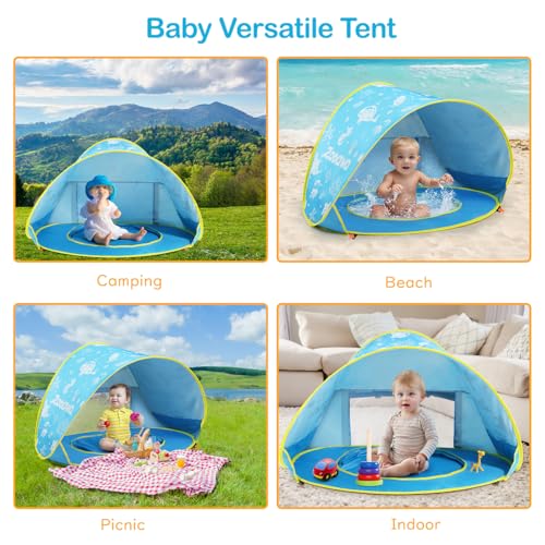 Baby Beach Tent, Pop Up Beach Tent Sun Shade for Beach, Portable Shade Pool UV Protection Sun Shelter for Infant with Beach Sand Toys Set - color: Patterned Blue