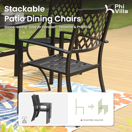 PHI VILLA 5 Pieces Outdoor Dining Set for 4, 37” Black Square Metal Table with Umbrella Hole & Stackable Wrought Iron Chairs, Outdoor Table and Chairs for Patio, Deck, Yard, Porch - color: Net Back Chair, size: 5pcs-37" Steel Table