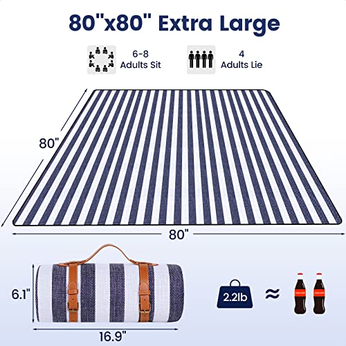 sapsisel 80”x 80” Picnic Blanket Extra Large, Waterproof and Foldable Beach Blanket, 3-Layer Outdoor Blanket for 6 to 8 Adults, for Camping, Park, Beach, Grass, Indoors… - color: Blue & White