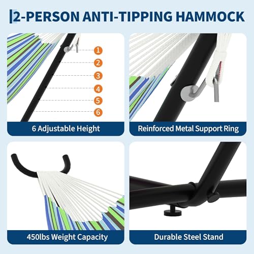 Double Hammocks with Stand for Outside, Portable Space Saving Heavy-Duty Steel Stand for Indoor Outdoor Patio with Carrying Bag, 450 lbs Capacity - color: Blue and Green Stripes