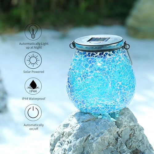 Afirst Mosaic Solar Lanterns Outdoor - Glass Hanging Solar Lights Hollow Out Waterproof Table Lamp Outdoor Decorative for Garden, Patio, Holiday Party Outdoor Decoration - style: ice-blue