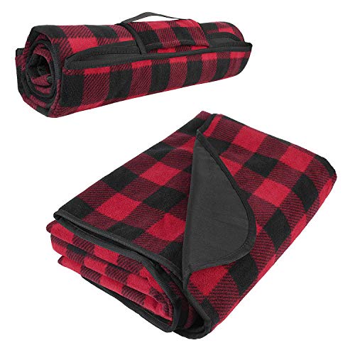 Tirrinia Large Waterproof Outdoor Blanket, Soft Warm Windproof Stadium Blanket with Sherpa Fleece and Foldable for Outdoor Sport, Baseball, Football, Beach, Concerts, Car - color: Red-black Plaid, size: 51”x 59”