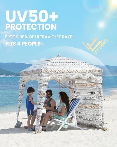 OutdoorMaster Beach Cabana with Fringes, Portable 6' x 6' Beach Canopy for Sand, Easy Set Up Beach Shelter, Included Side Wall, UPF 50+ UV Protection Sun Umbrella - for Family & Friends - color: Retro Brown