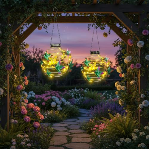 2 Pack Hummingbird Solar Lights Outdoor Hanging Lantern with Handle, Solar Powered Hummingbird Garden Decor for Outside Patio Yard Porch Pathway Hummingbird Gifts for Women (Warm White LED Lights) - color: Green-Hummingbird