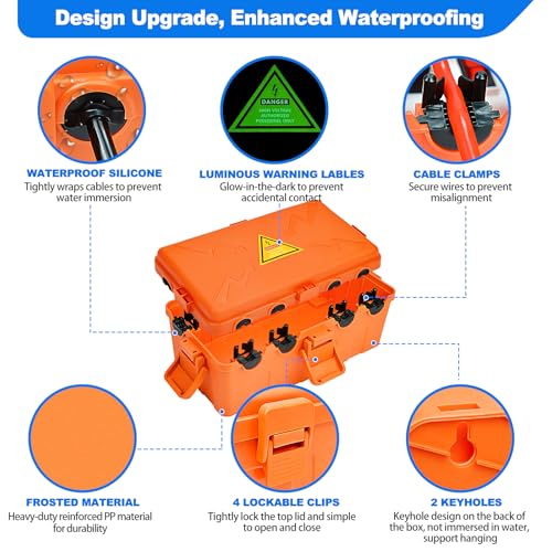 Hrensaw Medium Outdoor Electrical Box(10.6x5.5x4.5inch),Weatherproof Connection Box w/6 Cable Entry,IP54 Waterproof Extension Cord Cover Protect Power Strip,Timer,Plug,Holiday Lights,Orange - color: Orange, size: Medium