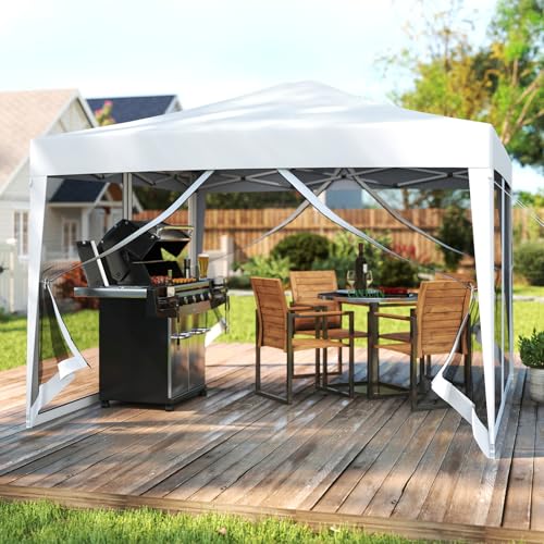 Tangkula 10x10 Ft Pop Up Canopy with Netting, Easy Up Outdoor Tent with Mesh Sidewalls, Carrying Bag, Adjustable Height, Portable Canopy Tent for Parties Events Camping Travel - color: White