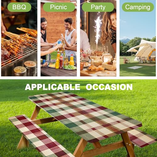 ANNA QUEEN Classic Plaid Picnic 6FT Picnic Table Cover with Bench Covers Set of 3 with Drawstring Bag, Checkered 72"x30" Waterproof Picnic Tablecloth & Bench Covers for Outdoor BBQ - color: #56