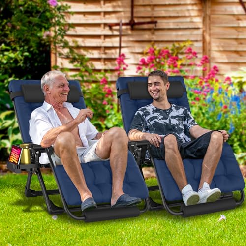 Oversized Zero Gravity Chair, 33In XXL Padded Lounge Chair, Recliner Chair W/Cushion& Storage Bag, Footrest, Reinforced Full-Alu Alloy Lock, Larger Cup Holder, for Indoor Outdoor, 500lbs Max - color: 33in - Blue-1