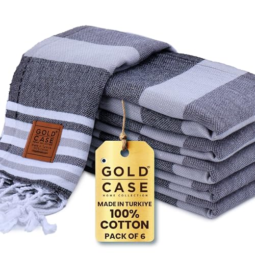 GOLD CASE HOME COLLECTION Olympos Original Turkish Hand Towels by - Set of 6-20x40 inches 100% Cotton Decorative Bathroom & Kitchen for Hand, Face, Hair, SPA, Farmhouse, Gym, Tea and Dishcloth, Black - color: Olympos-black, style: Hand Towel Set