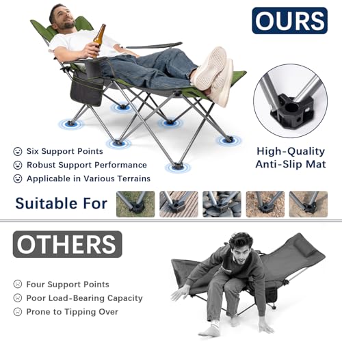 apollo walker Reclining Beach Chair, Adjustable 90-135° Backrest Camping Lounge Chairs for Adults, Folding Chair with Foot Rest & Detachable Pillow - Standard 6-Leg, Green - color: Green, style: 6-Leg