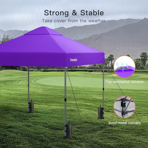 Amada 10x10 Pop Up Canopy Tent, 1-Button Push Easy-up Outdoor Canopy Beach Tent with 3-Height Adjustable Waterproof Shade Shelter, Wheeled STO-N-Go Bag 8 Stakes, 4 SandBags (Purple) - color: Purple, size: 10x10ft